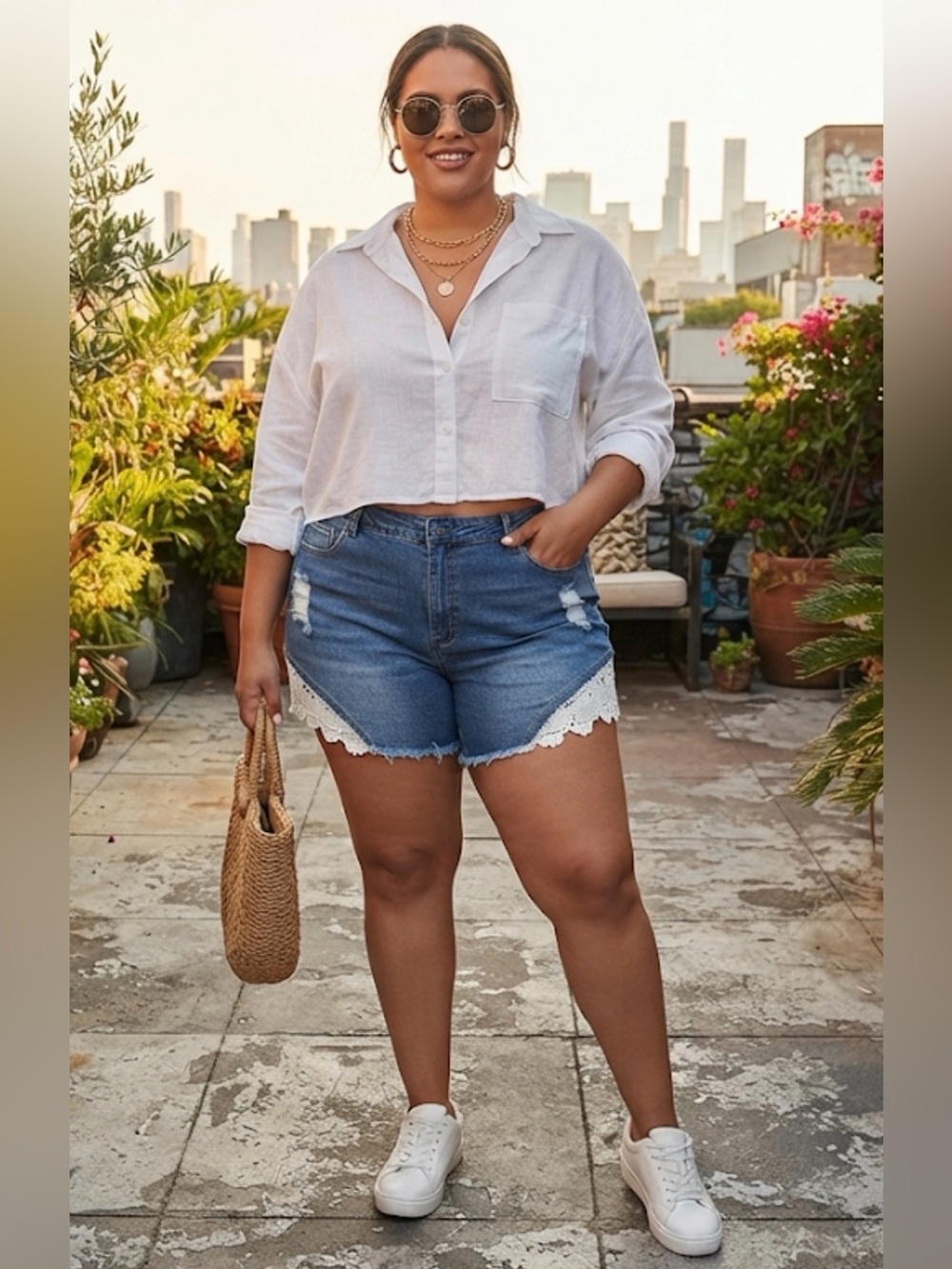 🆕 SHEIN Curve - Blue Denim High-Rise Jean Shorts with White Lace Trim